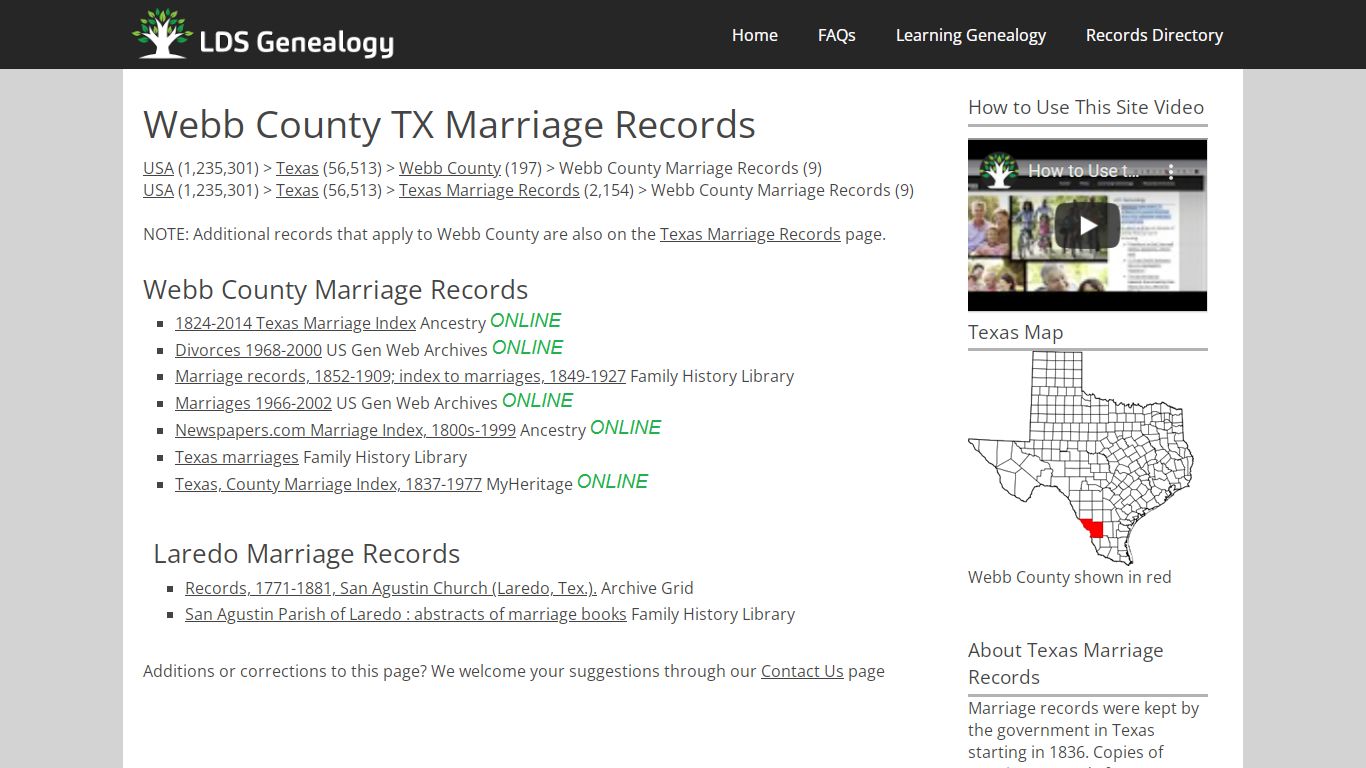 Webb County TX Marriage Records - LDS Genealogy