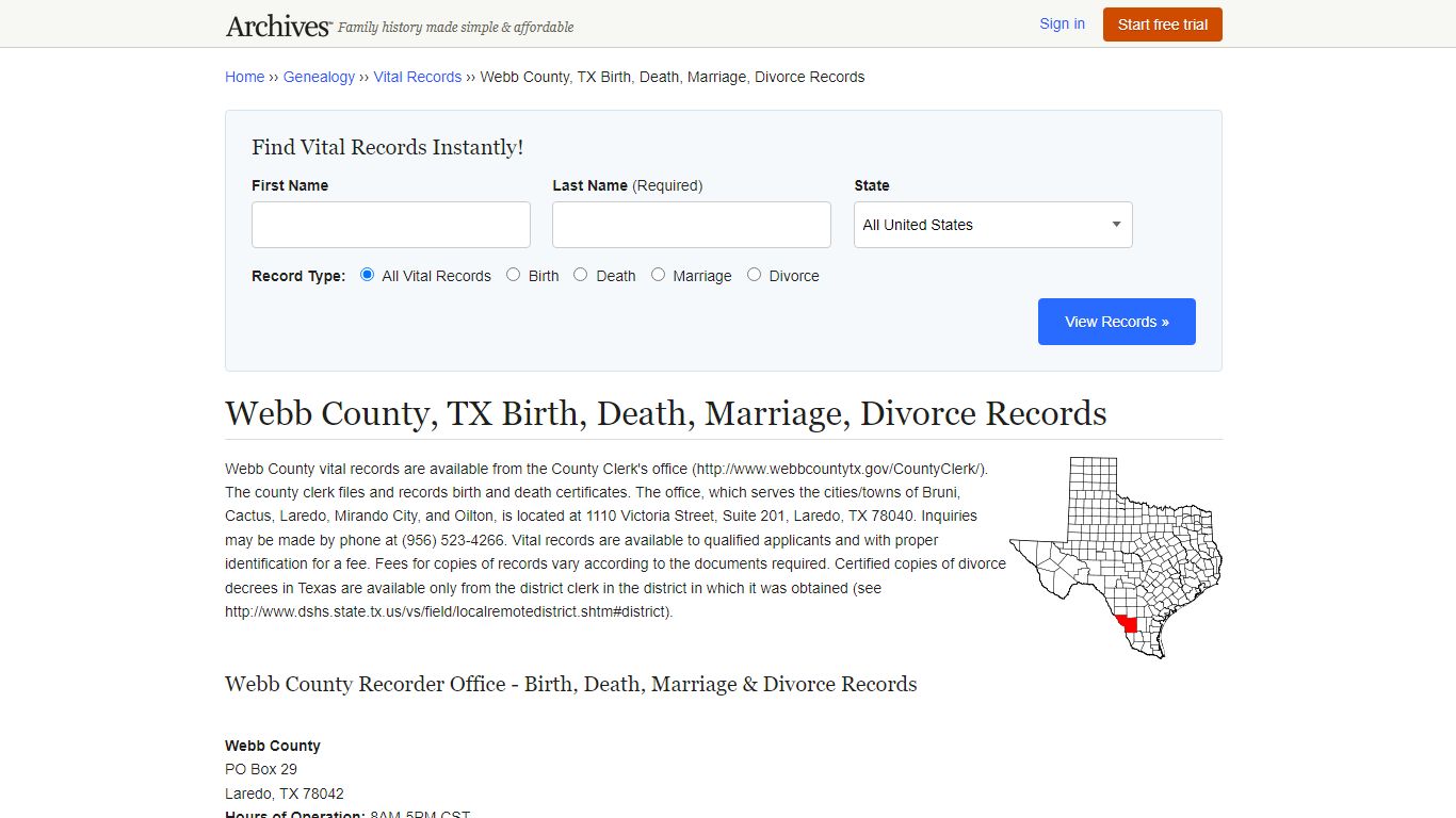 Webb County, TX Birth, Death, Marriage, Divorce Records